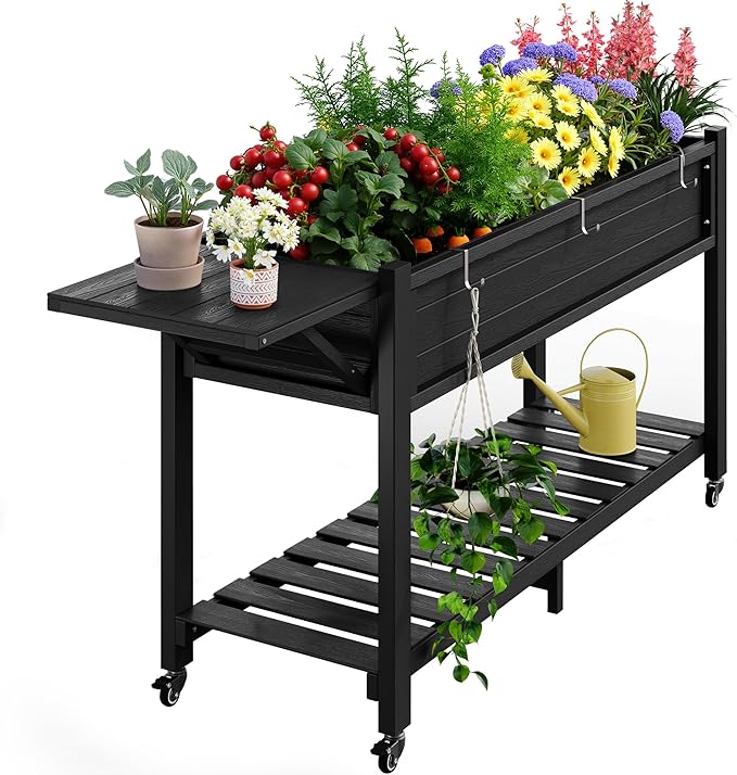 YEFU Raised Garden Bed with Legs: 57x18x30in Weight Capacity 400lb - Waterproof Raised Planter Box with Wheels - Elevated Garden Bed with Storage Shelf - Weather Resistant - for Deck/Patio/Porch/Black