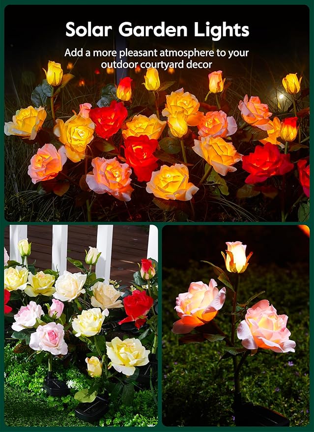 Brightown Outdoor Solar Garden Lights - 4 Pack LED Flower Lights with Realistic Rose, Bigger Solar Panel, Waterproof for Yard & Patio Decorations