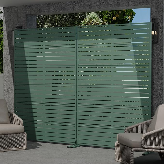 Casaphoria Metal Privacy Screen Outdoor, 72" H x 47" W Freestanding Decorative Privacy Screen for Patio Deck Balcony Garden with Stable Base, Green Louvered