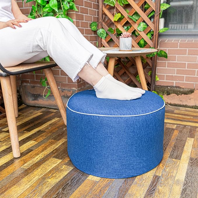 Outdoor Ottoman Outdoor Ottomans for Patio 19x12 Inches Modern Lightweight Foam Stuffed Pouf Outdoor Footstool Footrest Foot Stool Waterproof (Blue)