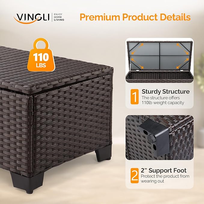 VINGLI Outdoor Coffee Table with Storage, All-Weather Dark Brown Wicker Patio Table for Garden, Balcony, Backyard