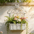 Rustic Metal Wall Planter Vintage Wall Mounted Flower Pot Farmhouse Distressed Wall Hanging Plant Basket with Floral & Butterfly Decor for Indoor Outdoor Garden Home Yard (White#2)