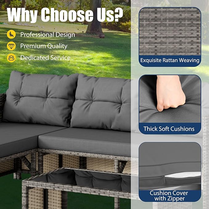 Vongrasig 3 Pieces Patio Furniture Sets, All-Weather Wicker Outdoor Sofa Couch Sectional Set, Small Conversation Set for Patio, Garden w/Cushion, Glass Table, (Grey)