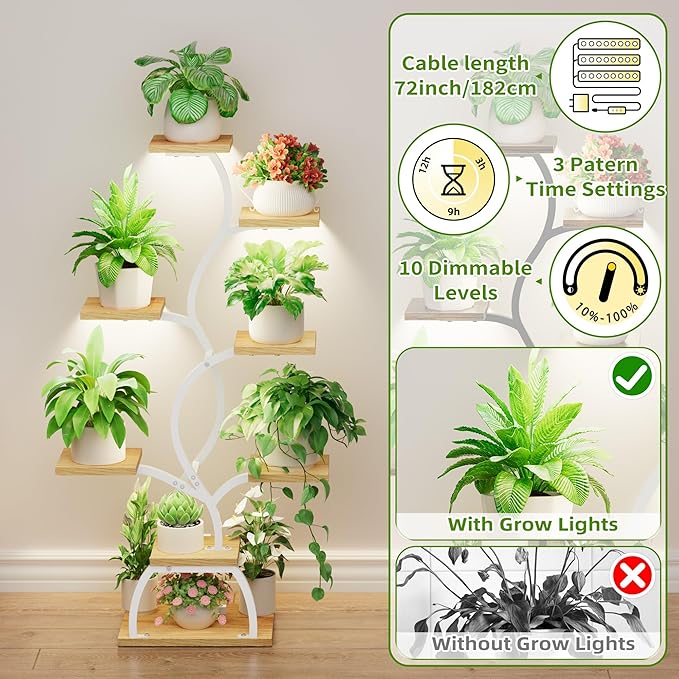Plant Stand Indoor with Grow Light - 8 Tiered Plant Shelf Indoor, Corner Plant Stand, 49" Tall Plant Shelf with Lights for Indoor Growing, Lighted Flower Holder for Living Room, Balcony (White)