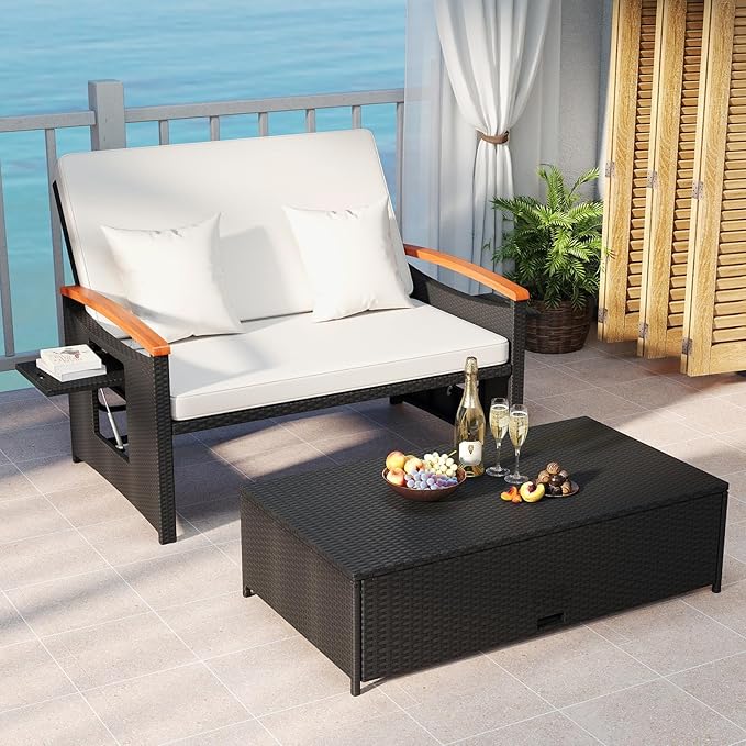 Tangkula Patio Rattan Daybed with 4-Level Adjustable Backrest, Outdoor Wicker Loveseat with Acacia Wood Armrest, Storage Ottoman & Folding Tray, Double Sunbed for Yard & Poolside (White & Black)