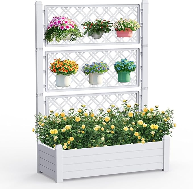 Raised Garden Bed with Trellis for Climbing Plants, 43.43" L x 18.27" W x 59.29" H Planter Box with Self Watering Drainage Holes for Outdoor Backyard Patio Balcony, Anti-Rust Resin (Ashen)