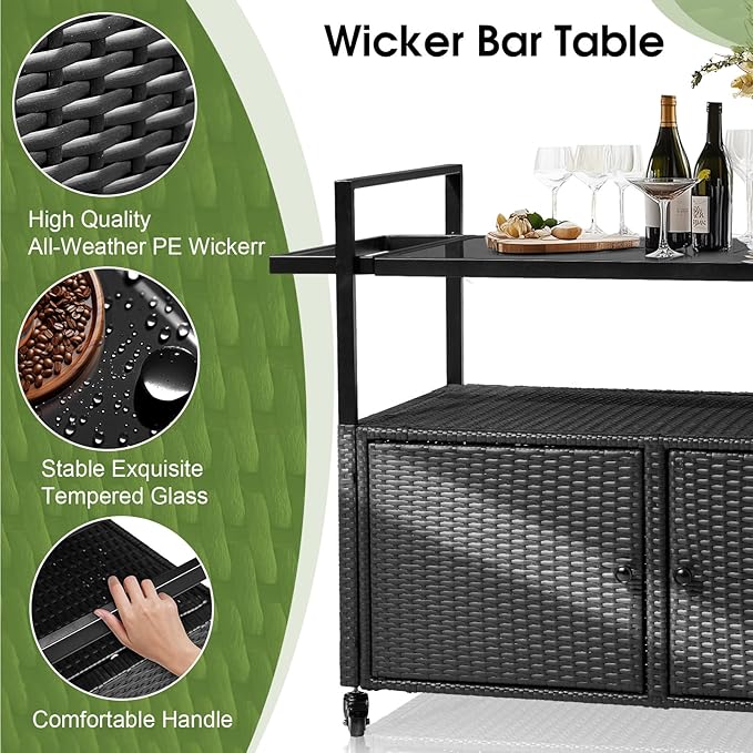 VINGLI Wicker Outdoor Bar Cart with Storage and Wheels, Outdoor Bar Table Serving Cart Rattan Bar Cart with Glass Top and Shelf for Pool, Party, Backyard, Porch (Black)