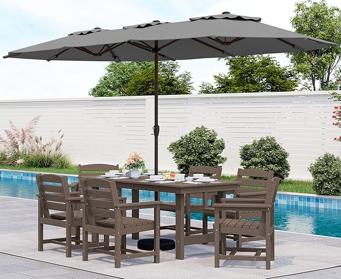 SERWALL 8-Piece Patio Dining Sets with 15FT Double Side Patio Umbrella, Outdoor HDPE Dining Furniture Set with Umbrella Hole Cut-Out Table and 6 Chairs, Coffee（Umbreall Base not Included）
