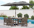 SERWALL 8-Piece Patio Dining Sets with 15FT Double Side Patio Umbrella, Outdoor HDPE Dining Furniture Set with Umbrella Hole Cut-Out Table and 6 Chairs, Coffee（Umbreall Base not Included）