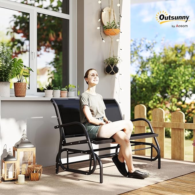 Outsunny 2-Person Outdoor Glider Bench, Patio Double Swing Rocking Chair Loveseat w/Powder Coated Steel Frame for Backyard Garden Porch, Black