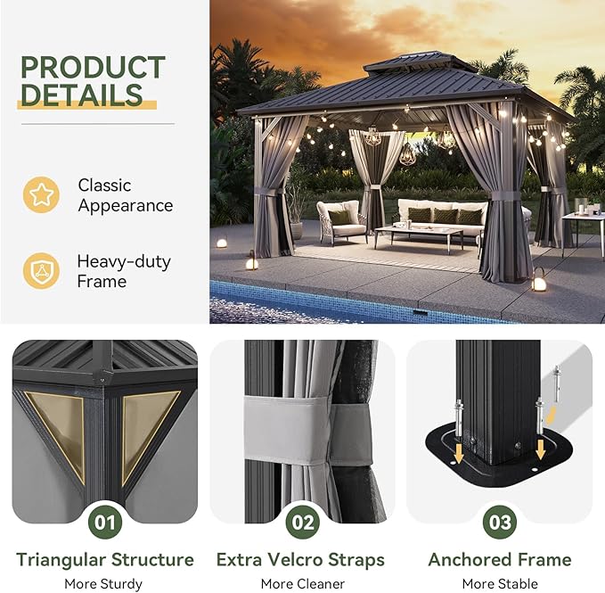 Aoxun 12'x14' Hardtop Gazebo, Aluminum Frame Canopy with Double Galvanized Steel Roof, Outdoor Metal Pavilion with Netting, Curtains for Backyard, Patio and Deck