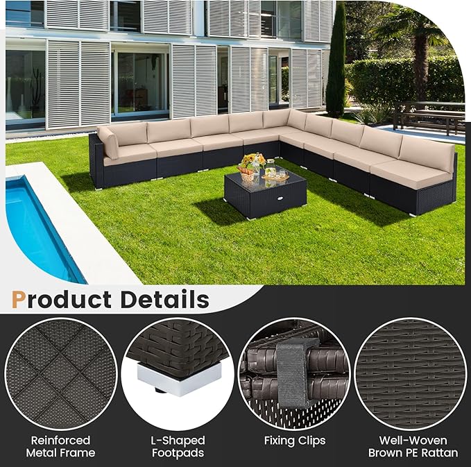 Tangkula 10 Pieces Patio Sofa Set, Outdoor Wicker Conversation Set with Soft Cushions, Tempered Glass Tabletop, Sofa Fastener Clips Included, Rattan Furniture Set for Backyard, Poolside (Beige)