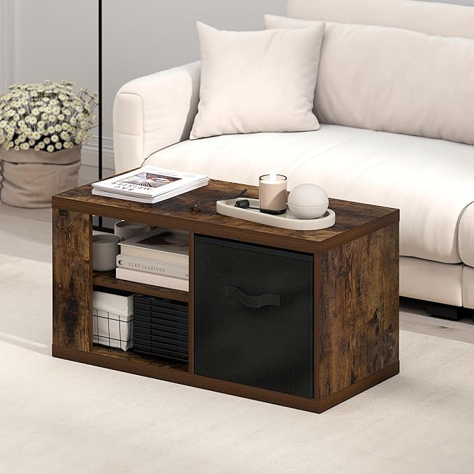 Furinno Viola Coffee Table, 3-Tier Modern Coffee Table with 1.2 Thick Tabletop, Side Table with Open Shelf and Storage Bin, for Living Room, Bedroom, Home Office, Amber Pine