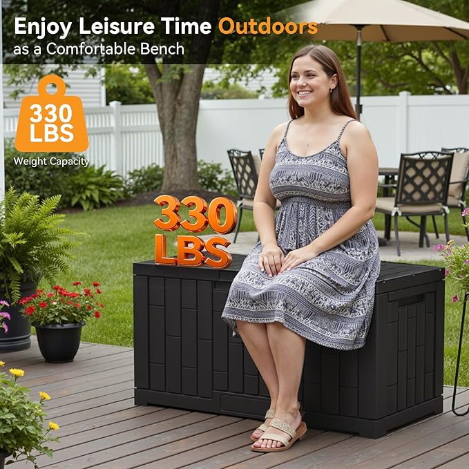 NEWBULIG 60 Gallon Deck Box, Waterproof Outdoor Storage Box with Lockable Lid, Patio Furniture Bench & Side Table, Outside Storage Container, Tool-Free Assembly, for Garden, Pool, Black