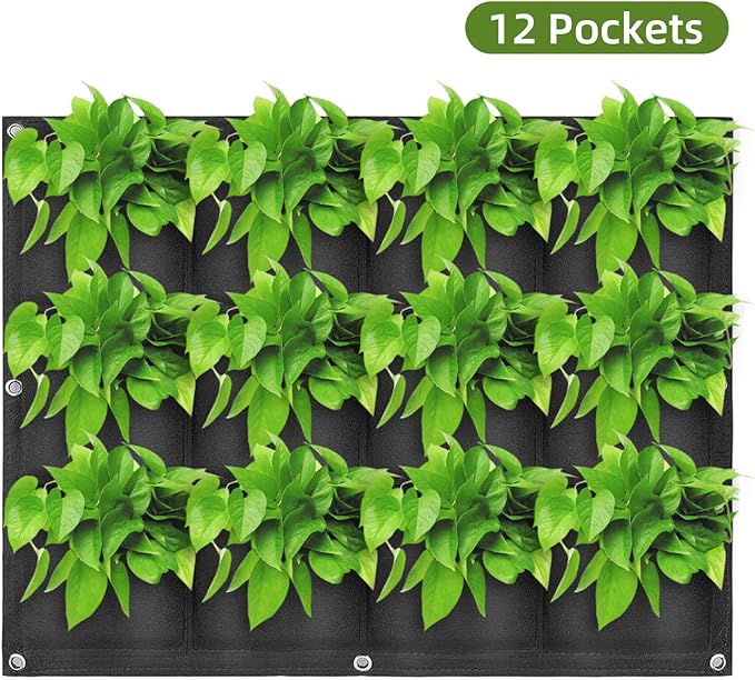 Hanging Planting Grow Bags, 12 Pockets Hanging Vertical Wall Planter Wall Mounted Grow Bag Outdoor Indoor Gardening Vertical Greening Flower Container, Planting Bags Storage Bags(0.6 m × 0.8 m, Black)