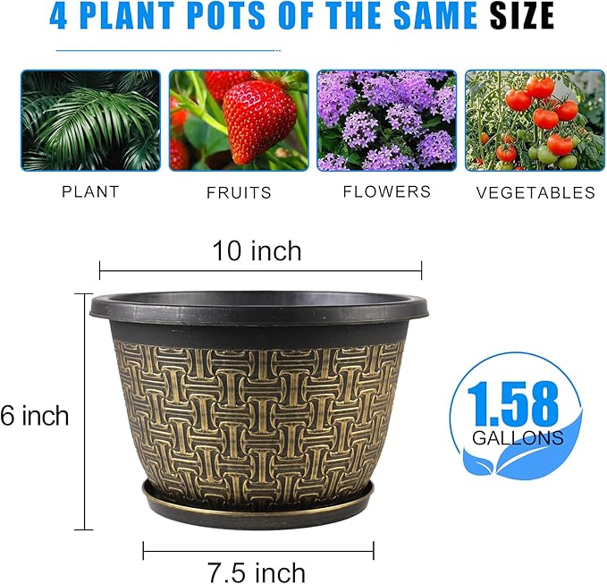 10 Inch Plant Pots, 4 Pack Flower Pots Outdoor with Drainage Holes & Trays, Retro Antique Imitation Decorative Garden Plastic Pots for Plants Indoor Sets for Houseplants