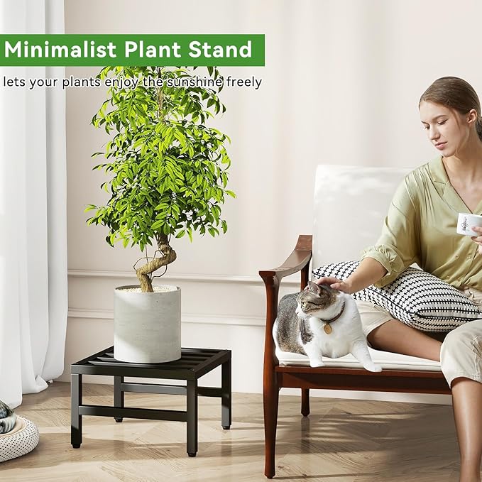 IBUYKE 2 Pack Metal Plant Stand Indoor Outdoor, Heavy Duty Small Flower Pot Stand, Modern Square Plant Shelf Flower Stand for Living Room Patio Balcony Garden, Black TMJ075B-2