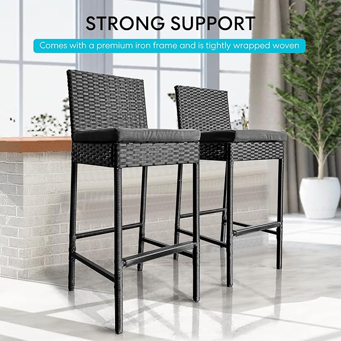 VIVOHOME Outdoor Wicker Barstool 4 Packs, Bar Chairs PE Rattan Materail, Patio Stools with Cushions, Black