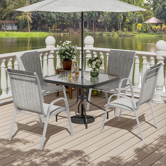 UDPATIO Patio Chairs Set of 4, Stackable Silver Outdoor Dining Chairs with High Back, Breathable Outdoor Chair Textilene Fabric All Weather, 350LBS Capacity for Garden, Backyard (Light Grey)