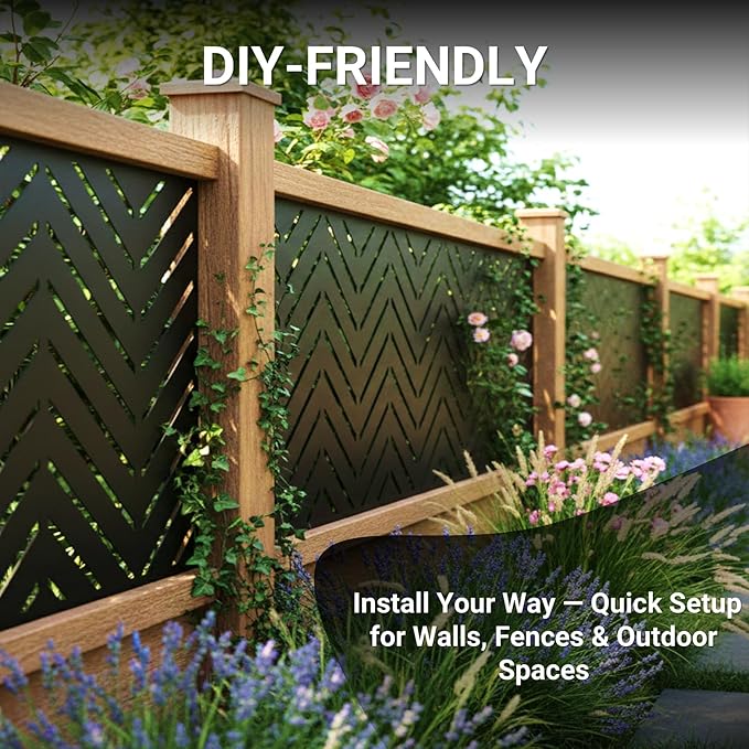Metal Privacy Screen Outdoor – 6FT Freestanding Decorative Steel Panel with Stand, Laser-Cut Chevron Pattern Modern Privacy Divider, Rustproof & Weather-Resistant Screen for Patio, Garden & Backyard