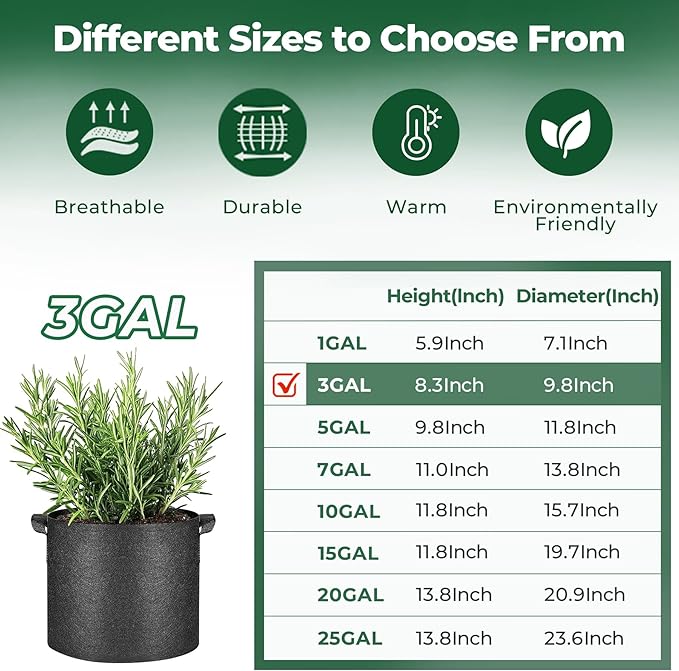 T4U 3 Gallon Grow Bags, Upgrade Grow Bags with Handles, Heavy Duty Thickened Nonwoven Fabric Pots, 3 Gallon Pots for Plants, Rosemary, Chamomile, Onion (5 Pack)