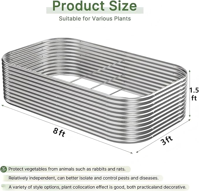 2 PCS Tall 8x3x1.5ft Galvanized Raised Garden Bed Outdoor, Metal Garden Bed for Vegetables, Above Ground Garden Box for Flower, Steel Raised Beds for Gardening