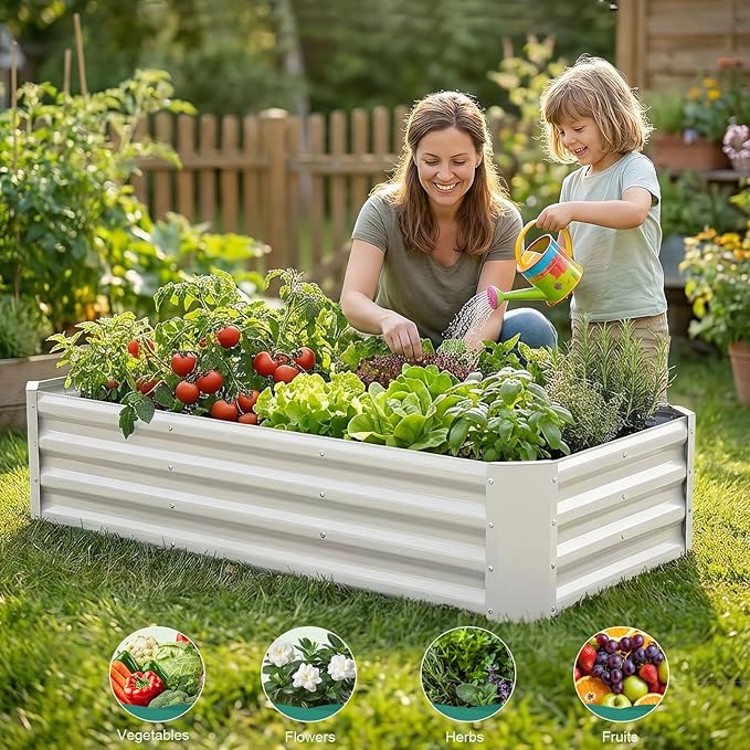 Galvanized Raised Garden Bed - 4x2x1ft Metal Garden Planter Box Outdoor | Steel Raised Bed Kit with Bracing Rods, Gloves for Gardening Vegetables Fruits and Flowers (White)