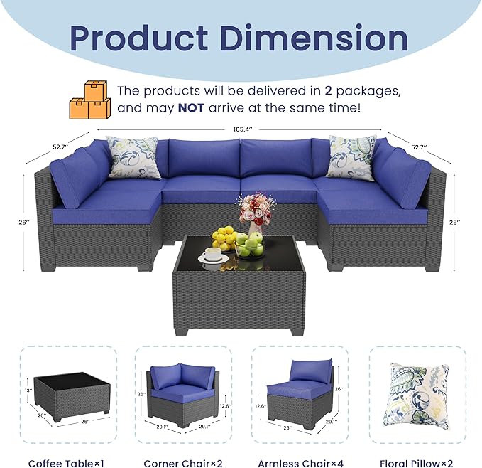 8 Piece Outdoor Patio Furniture Set, Outdoor Sectional Furniture, Rattan & Wicker Modern Modular Conversation Set Sofa Couch W/Water Resistant Washable Thick Cushions and Coffee Table, Blue