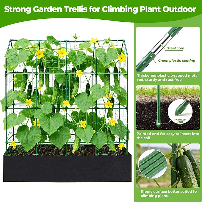 Large Cucumber Trellis for Climbing Plants Outdoor with Grow Bag,67" Tall Metal U-Frame Plant Trellis for Raised Bed with Garden Netting and Plant Clip Plant Ties for Vegetables Tomatoes Squash Pea