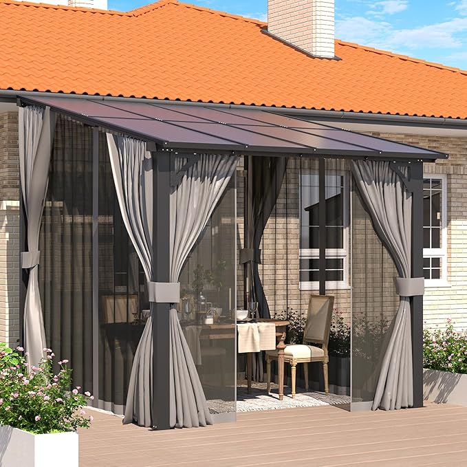AECOJOY 8' X 8' Gazebo for Patio, Small Wall-Mounted Lean to Pergola 8x8 Gazebo with Curtains and Netting, Hard Top Gazebo on Clearance for Lawn Backyard Garden Deck