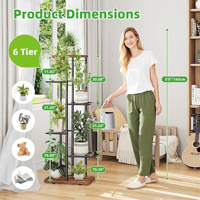 Simple Trending Plant Stand Indoor, Tall 6 Tier Metal Plant Shelf for Multiple Plants, Tiered Flower Pot Stands for Patio Garden Balcony Living Room Bedroom, Brown