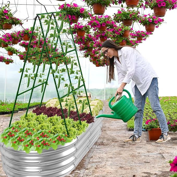 Galvanized Raised Bed with Cucumber Trellis, Garden Arch Trellis Outdoor Reusable A-Frame Metal Trellis with Trellis Net for Pea Vegetable Bean Grape Vines Flowers Climbing Plants Stand Support