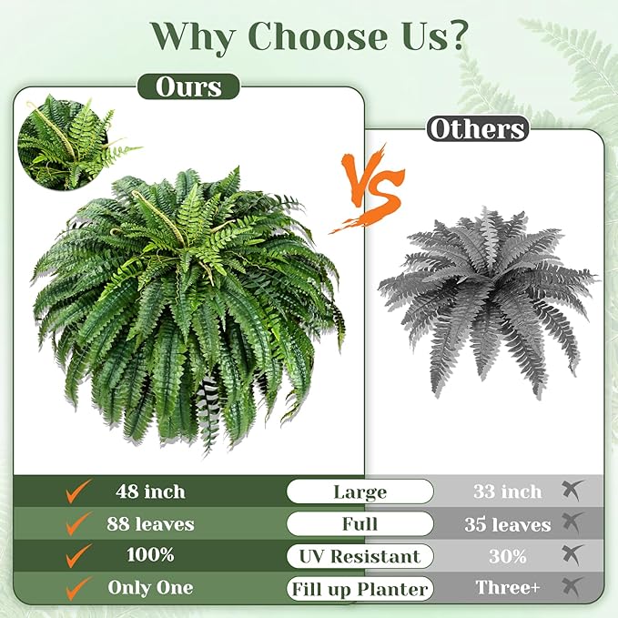 MARTINE MALL 2Pcs 48'' Fake Ferns Look Real Artificial Ferns for Outdoors, 88 Branches Large Faux Boston Fern for Outdoor Planter Realistic UV Resistant Hanging Artificial Fake Plants for Porch Patio