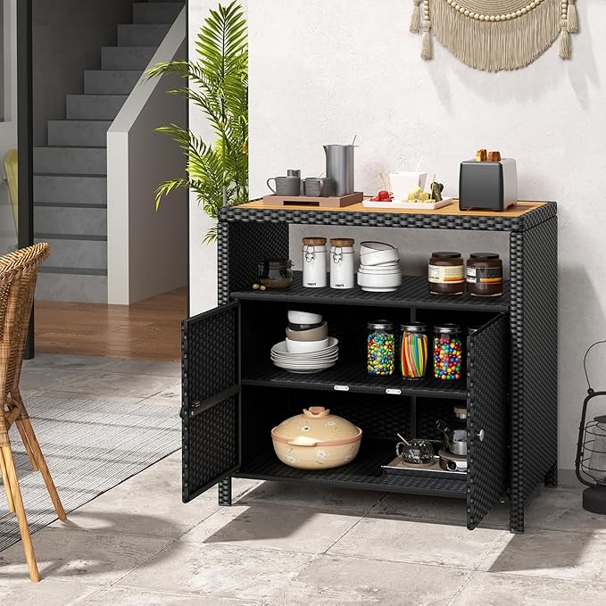 Tangkula Rattan Outdoor Storage Cabinet, Patiojoy Outdoor Cabinet with Acacia Wood Countertop, Open Compartment, 2-Door Wicker Sideboard, Outdoor Bar for Patio Garden Backyard Poolside (Black)