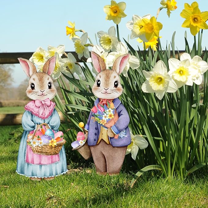 Fairy Garden Stake Decor, Acrylic 2D Garden Fairy Decoration, Fairy Garden Accessories for Outdoor Indoor Yard Lawn Pot Plants (Flower Picking Rabbit)
