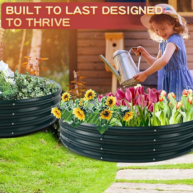 Durable Round Steel Raised Garden Bed Painted for Planting Vegetable/Herbs/Flowers/Trees at Backyard/Garden,or Baby Chicken,Christmas Tree Fence (Dark Green, 60 in Diameter x 12 in high)