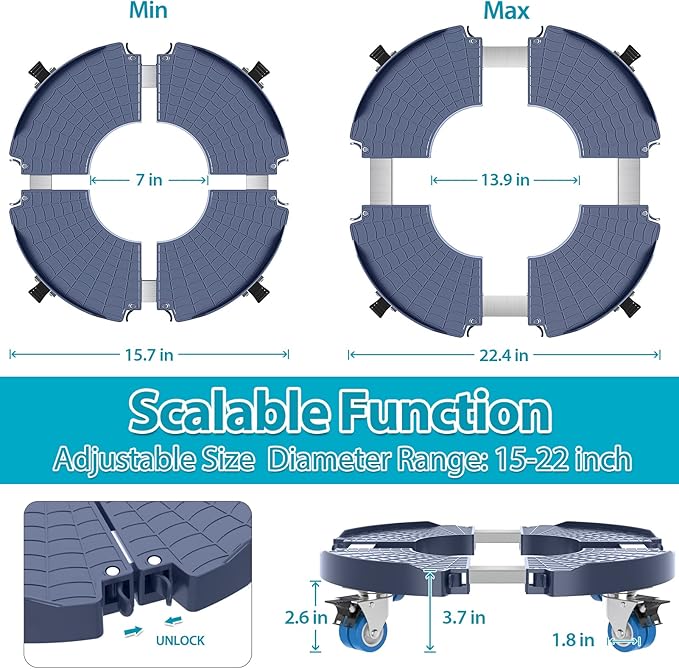 VANCASTLE Plant Caddy with Lockable Wheels Heavy Duty 450lbs Capacity, 15-22 Inch Adjustable Plant Stand with Wheels Rolling base, Plant Dolly for Flower Pot Mover Indoor Outdoor, Blue, 1 Pack