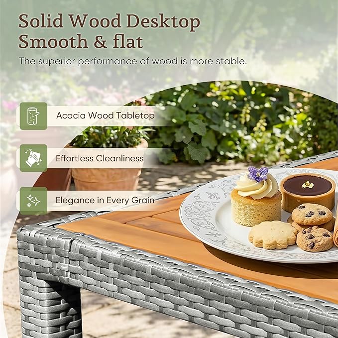 Greesum 9 Pieces Outdoor Patio Dining Set, Conversation Sets with 1 Table and 8 Rattan Chairs with Curved Acacia Wooden Armrests and Cushions, Grey