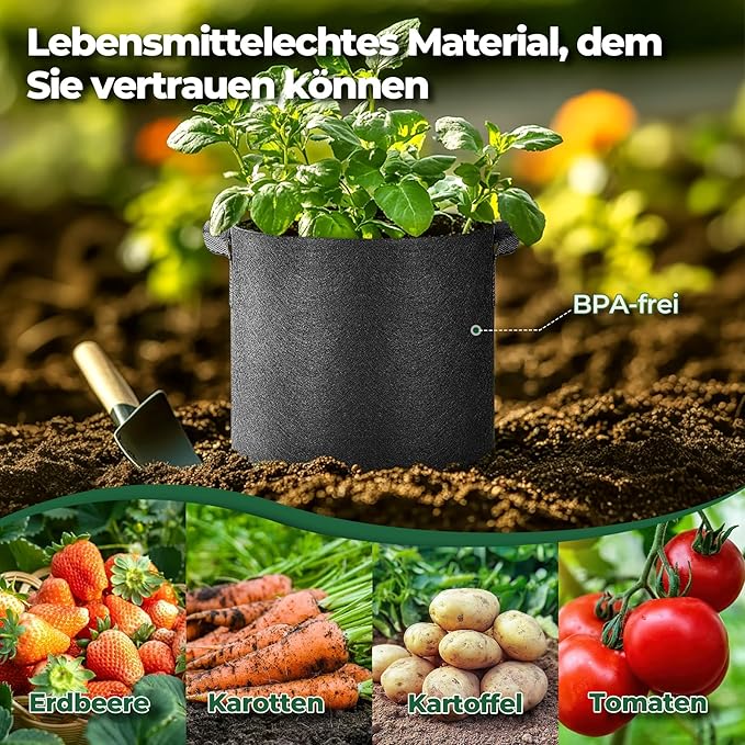T4U Fabric Plant Grow Bags with Handle 10 Gallon Pack of 5, Heavy Duty Nonwoven Smart Garden Pot Thickened Aeration Nursery Container Black for Outdoor Potato, Tomato, Chili, Carrot and Vegetables