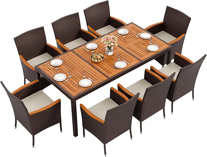 Flamaker 9 Piece Patio Dining Set Outdoor Acacia Wood Table and Chairs with Soft Cushions Wicker Patio Furniture for Deck, Backyard, Garden (Brown)