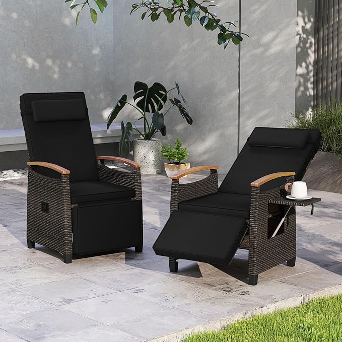 RELAX4LIFE Rattan Outdoor Recliner Chair - Wicker Chaise Lounge Chair w/Adjustable Back & Footrest, Acacia Wood Armrests, Flip Side Table, Cushion, Reclining Patio Chair for Pool Yard (2, Black)