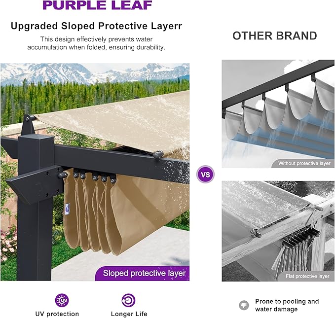 PURPLE LEAF 10' x 10' Aluminum Outdoor Pergola Modern Grape Trellis Retractable Pergola with Double Sun Shade Canopy Metal Pergola with Light for Patios Backyard Deck Garden, Khaki
