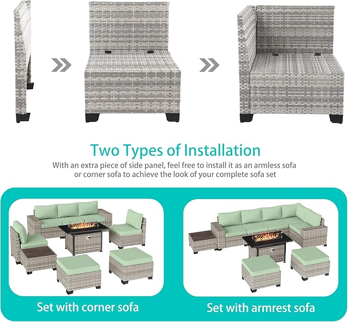 9-Piece Outdoor Patio Furniture Set with 55,000 BTU Fire Pit Table, PE Wicker Rattan Sectional Sofa Patio Conversation Set with Ottomans & Coffee Table, Light Green