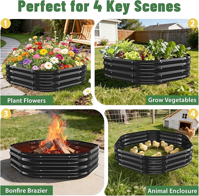 Hexagon Raised Garden Bed, 48 Inch Diagonal & 12 Inch Tall, Galvanized Steel Planter Box with Wave-Shaped Metal Panels for Outdoor Flower,Tree,Herb & Vegetable Garden (Black, 4FT X 1FT)