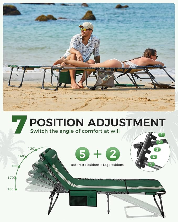 KingCamp Tanning Chair with Face Hole, Lounge Chairs Outdoor Folding Comfy Adjustable 5-Position Foldable Chaise Chaser with Canopy Shade for Outside Beach Patio Sun Bathing Pool, Green/White