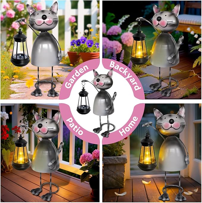Garden Decor Cat Solar Statues,Unique Garden Statues Cat with Solar Lantern Waterproof, Birthday Gifts for Women Mom Grandma, Front Patio Balcony Yard Art Lawn Ornaments Porch Outdoor Decoration