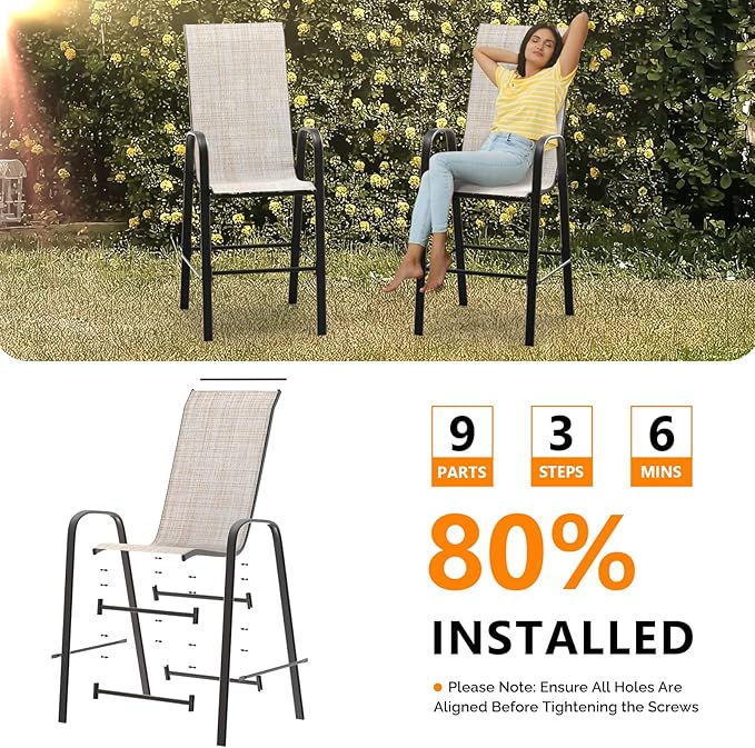 VINGLI Set of 4 Stackable Outdoor Bar Stools – Sling Chairs with High Back & Armrests, for Lawn, Garden, Bar, Yellow