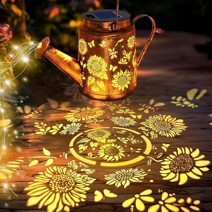 Solar Lanterns Outdoor, Sunflower Watering Can lights, Waterproof Hanging Lanterns Solar Path Lights Outside Yard Patio Gardren Decor, Gardening Christmas Gift for Mom Grandma Women with Shepherd Hook