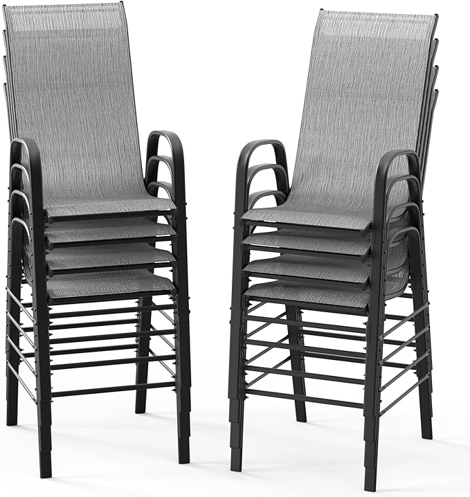 VINGLI Outdoor Bar Chairs Set of 8 – Stackable Outdoor Bar Stools with Sturdy Sling High Back and Armrests for Lawn, Courtyard, Garden, Bar, Silver Gray