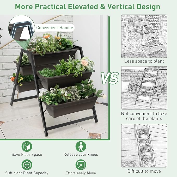 Giantex Set of 2 Vertical Raised Garden Bed, 5 Planter Boxes Container w/Drainage Holes, 31" H Freestanding Heavy-Duty Metal Frame, Indoor Outdoor Raised Bed for Vegetables Herbs Flowers to Grow